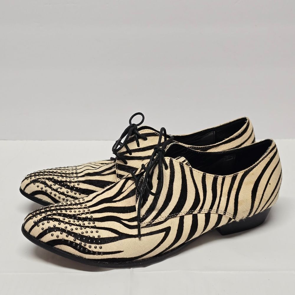 Dolce Vita Zebra Calf Hair Leather Cream Brown Studded Oxford Shoes Size 8.5